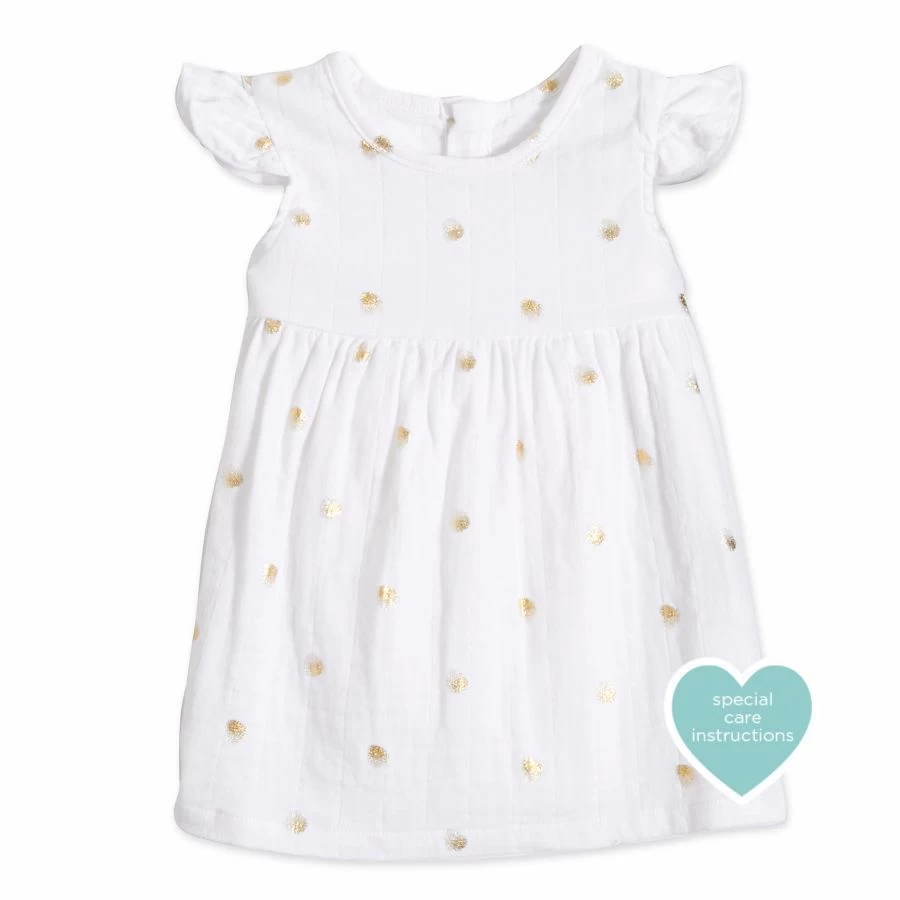 Aden & Anais Flutter Sleeve Yoke Dress - Metallic Gold Water Dot (9-12m) 1 Aden & Anais Flutter Sleeve Yoke Dress - Metallic Gold Water Dot (9-12m)