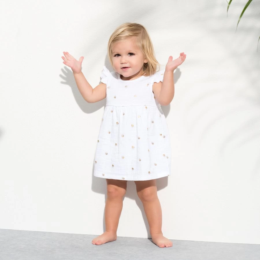 Aden & Anais Flutter Sleeve Yoke Dress - Metallic Gold Water Dot (9-12m) 4 Aden & Anais Flutter Sleeve Yoke Dress - Metallic Gold Water Dot (9-12m) - Image 4